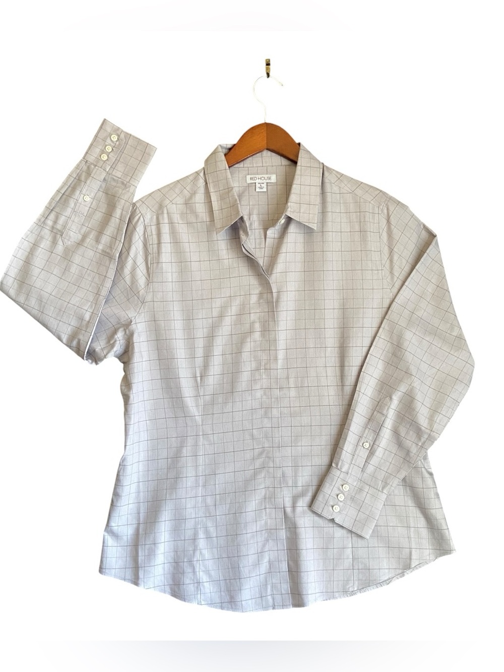 Red House| Women’s Gray Long-Sleeve Windowpane Check Blouse | Size L/G